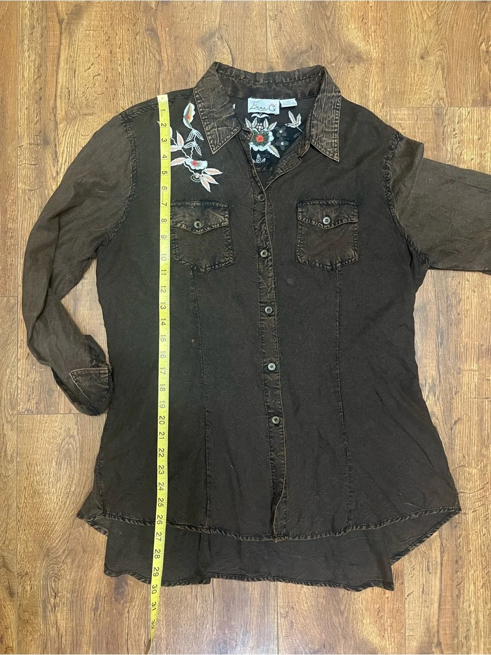 Emma G brown, long-sleeve embroidered button-down utility tunic shirt